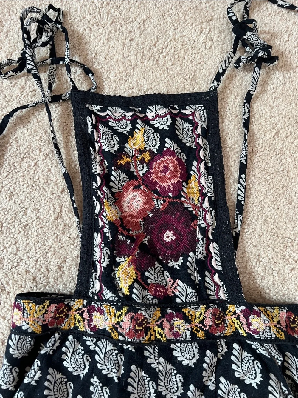Anthropologie Overalls with White Paisley and Yellow-Pink Floral Accents